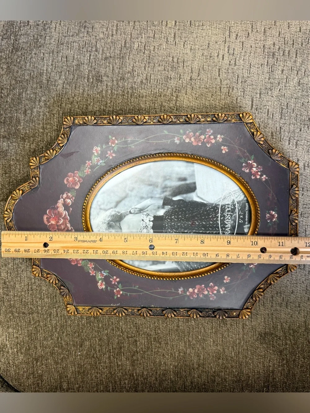 Vintage Painted Floral and Ornate Gold Trim Heavy Picture Frame.